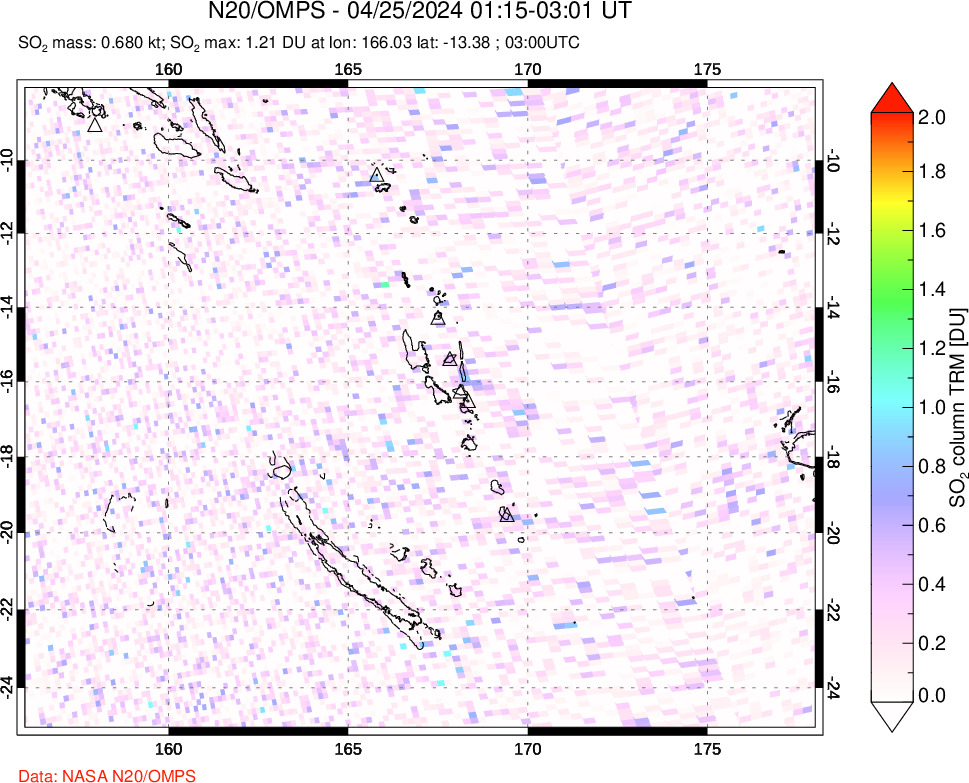 A sulfur dioxide image over Vanuatu, South Pacific on Apr 25, 2024.