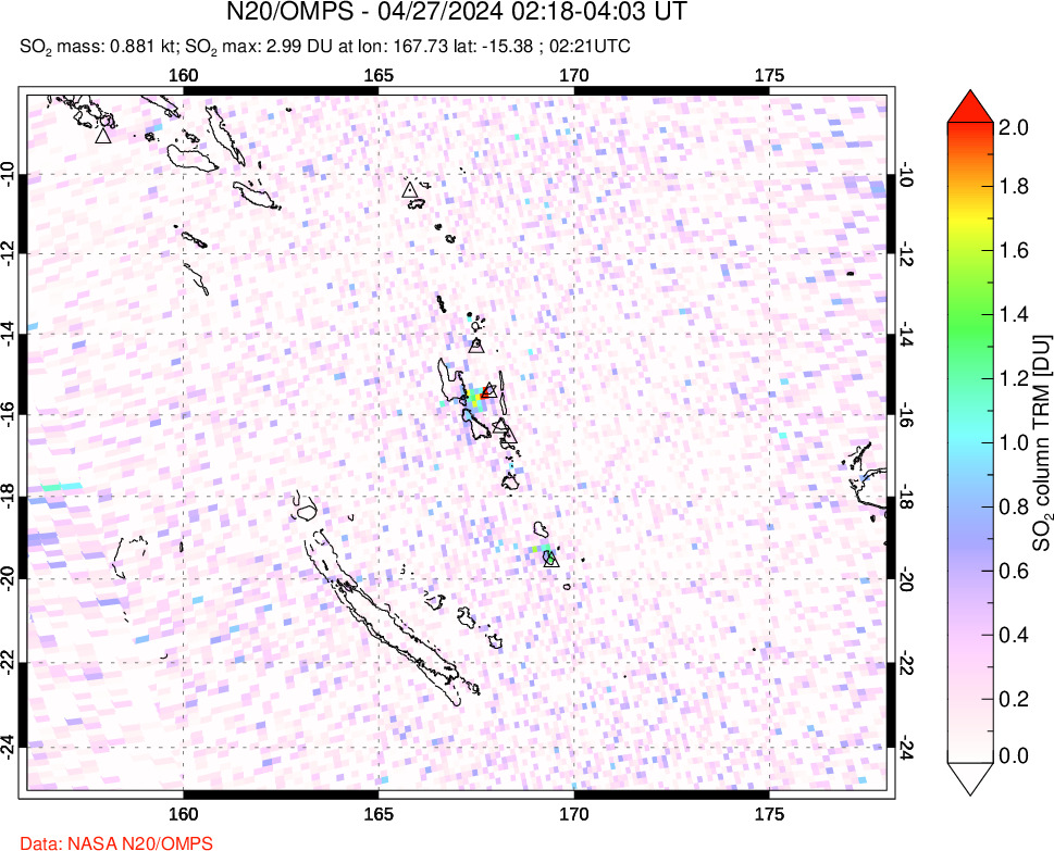 A sulfur dioxide image over Vanuatu, South Pacific on Apr 27, 2024.