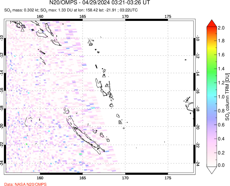 A sulfur dioxide image over Vanuatu, South Pacific on Apr 29, 2024.