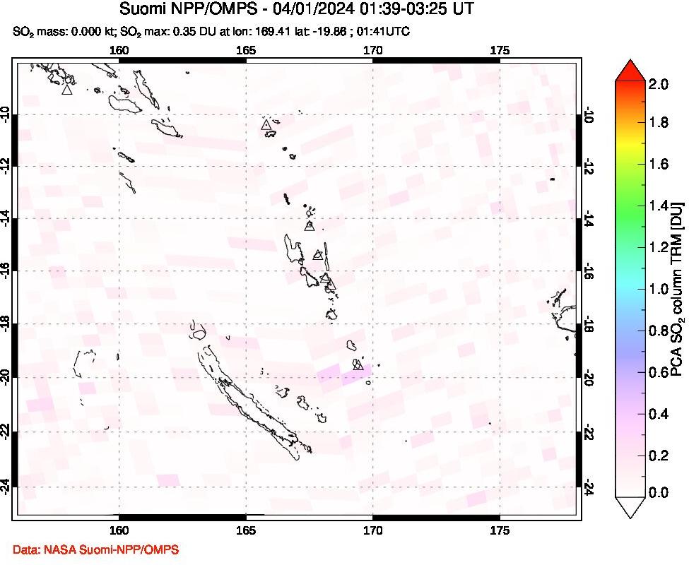 A sulfur dioxide image over Vanuatu, South Pacific on Apr 01, 2024.