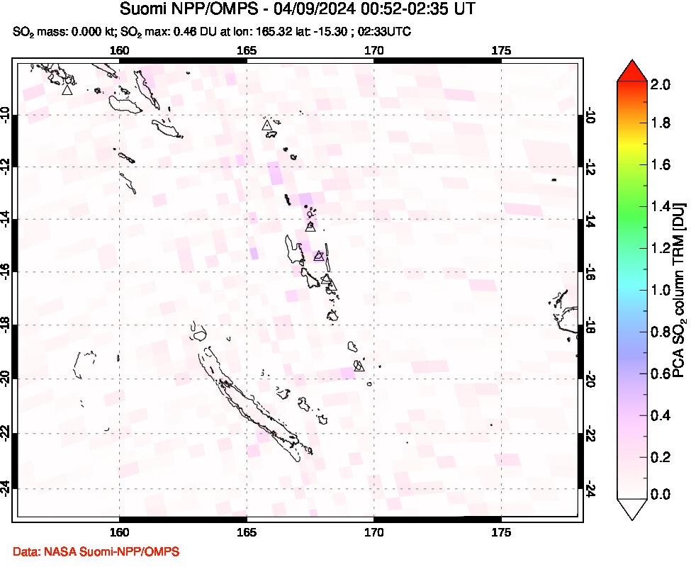 A sulfur dioxide image over Vanuatu, South Pacific on Apr 09, 2024.