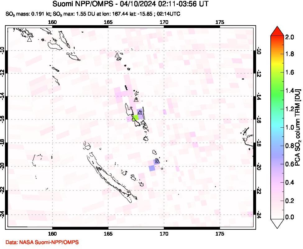 A sulfur dioxide image over Vanuatu, South Pacific on Apr 10, 2024.