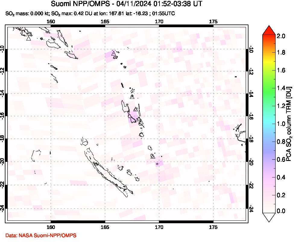 A sulfur dioxide image over Vanuatu, South Pacific on Apr 11, 2024.