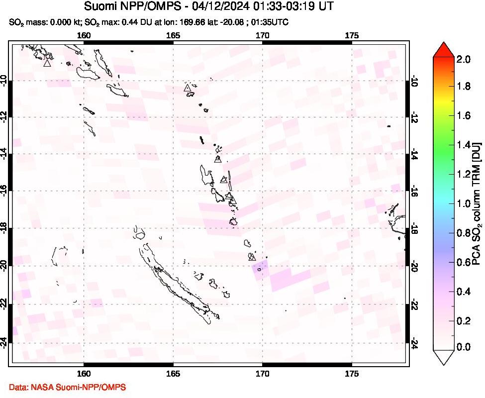 A sulfur dioxide image over Vanuatu, South Pacific on Apr 12, 2024.