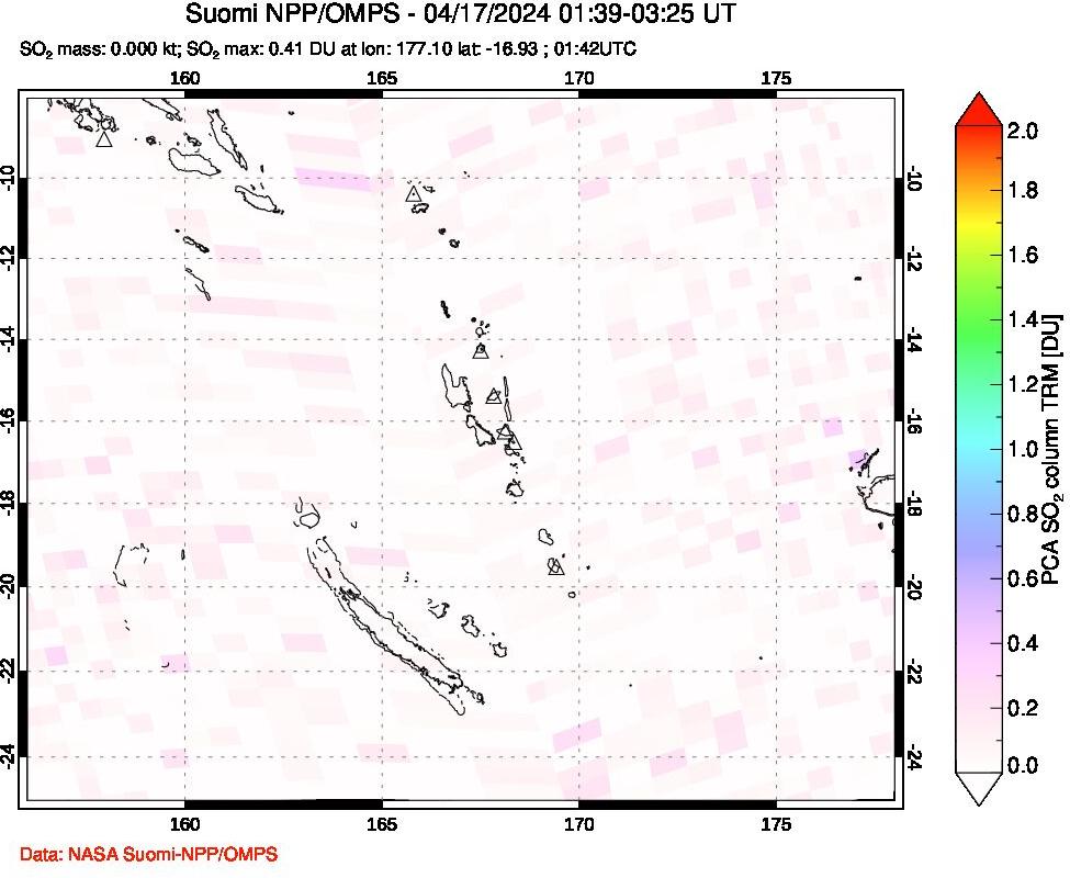 A sulfur dioxide image over Vanuatu, South Pacific on Apr 17, 2024.