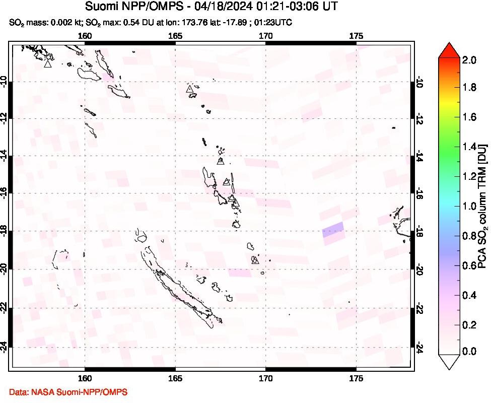 A sulfur dioxide image over Vanuatu, South Pacific on Apr 18, 2024.