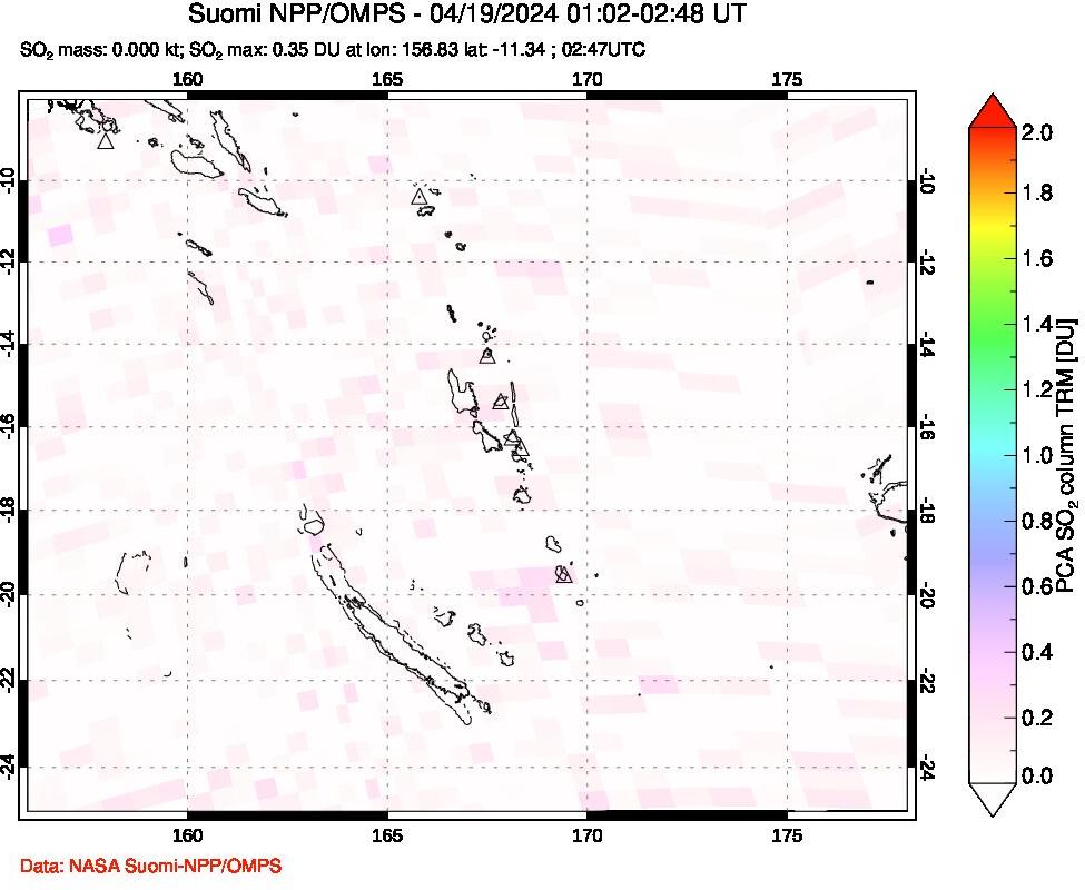 A sulfur dioxide image over Vanuatu, South Pacific on Apr 19, 2024.