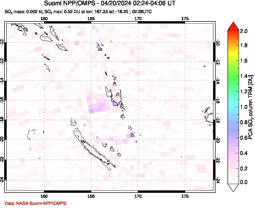 A sulfur dioxide image over Vanuatu, South Pacific on Apr 20, 2024.