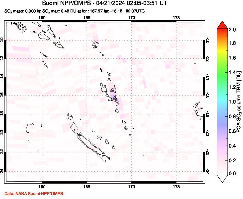 A sulfur dioxide image over Vanuatu, South Pacific on Apr 21, 2024.