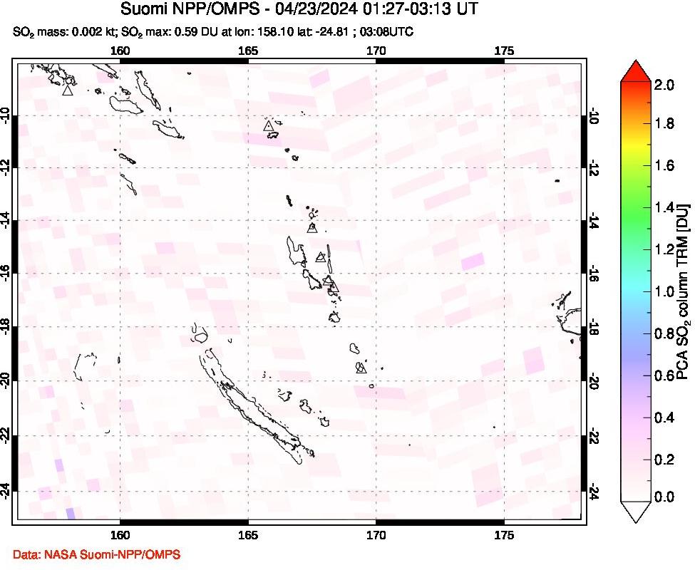 A sulfur dioxide image over Vanuatu, South Pacific on Apr 23, 2024.