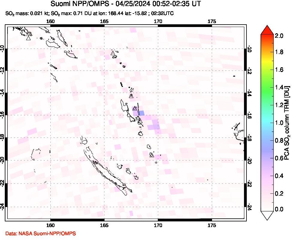 A sulfur dioxide image over Vanuatu, South Pacific on Apr 25, 2024.