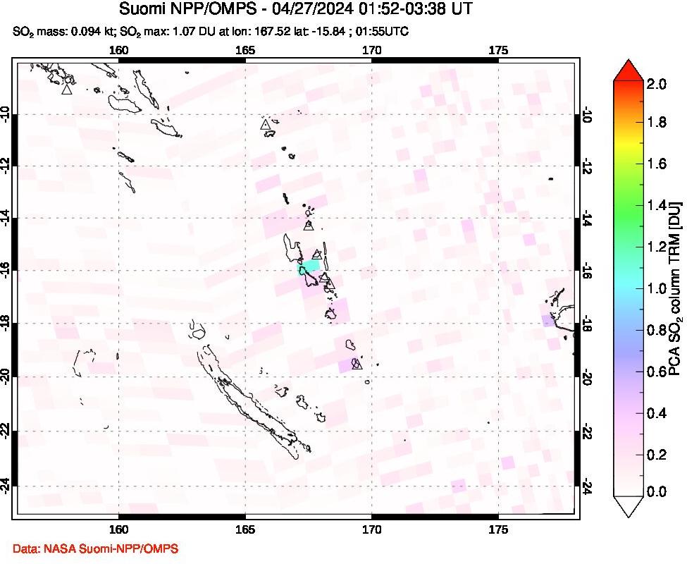 A sulfur dioxide image over Vanuatu, South Pacific on Apr 27, 2024.