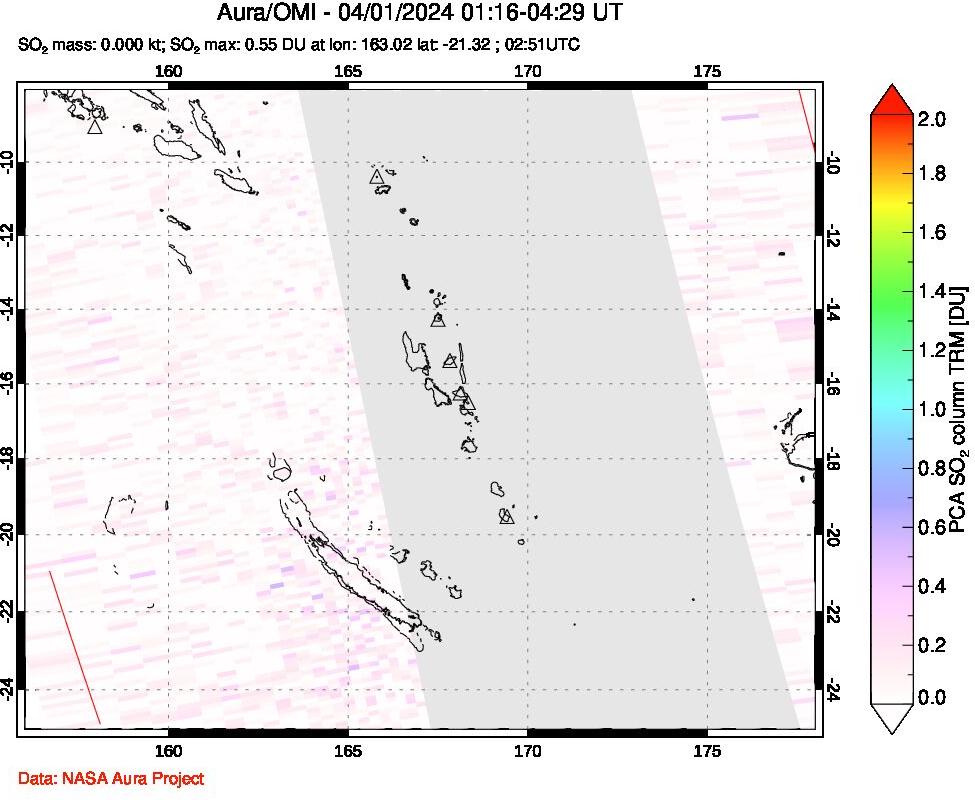 A sulfur dioxide image over Vanuatu, South Pacific on Apr 01, 2024.