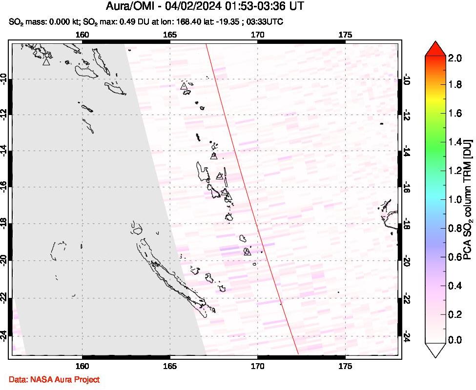 A sulfur dioxide image over Vanuatu, South Pacific on Apr 02, 2024.