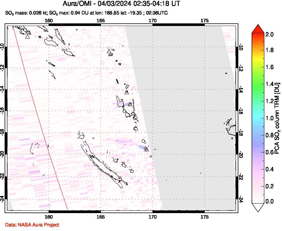 A sulfur dioxide image over Vanuatu, South Pacific on Apr 03, 2024.