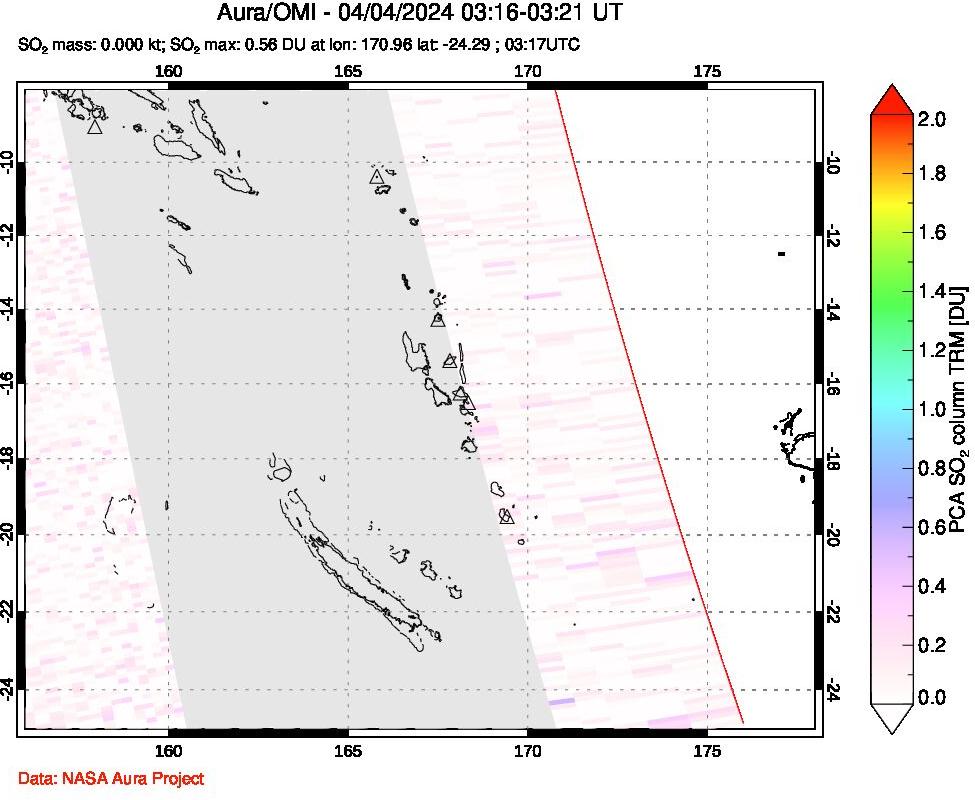 A sulfur dioxide image over Vanuatu, South Pacific on Apr 04, 2024.