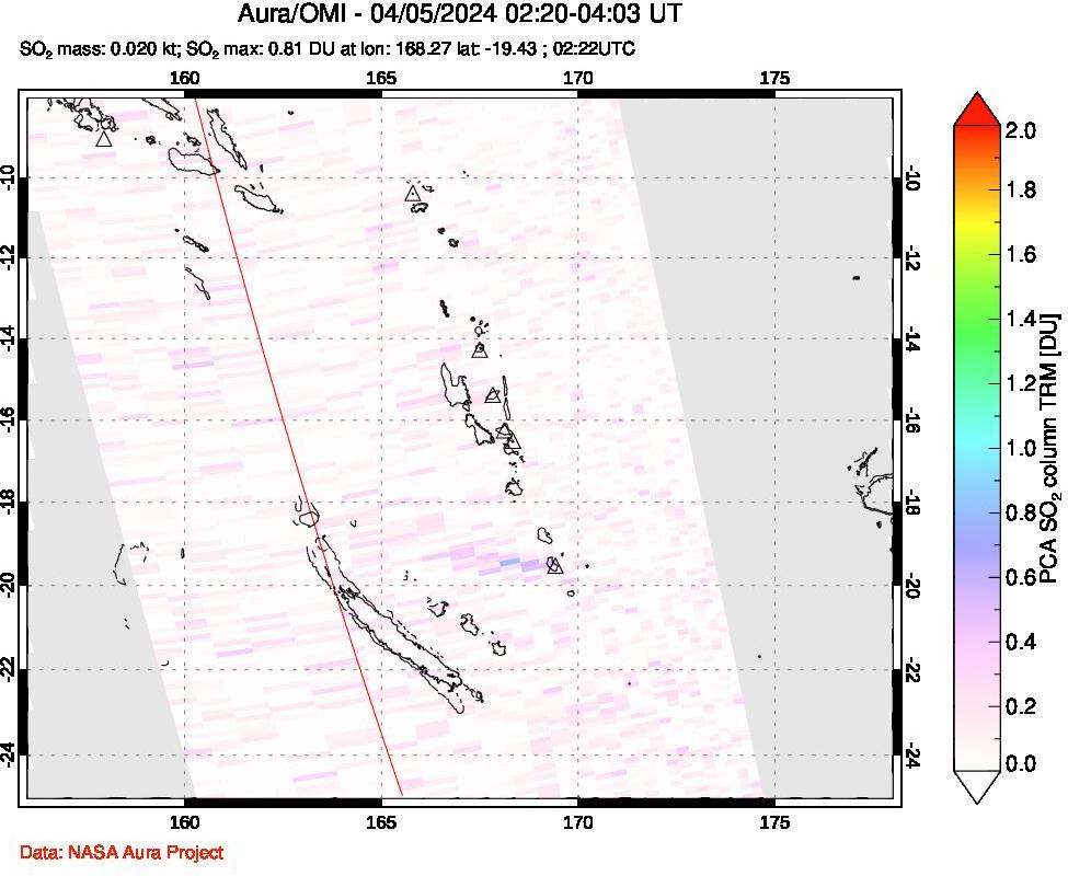 A sulfur dioxide image over Vanuatu, South Pacific on Apr 05, 2024.