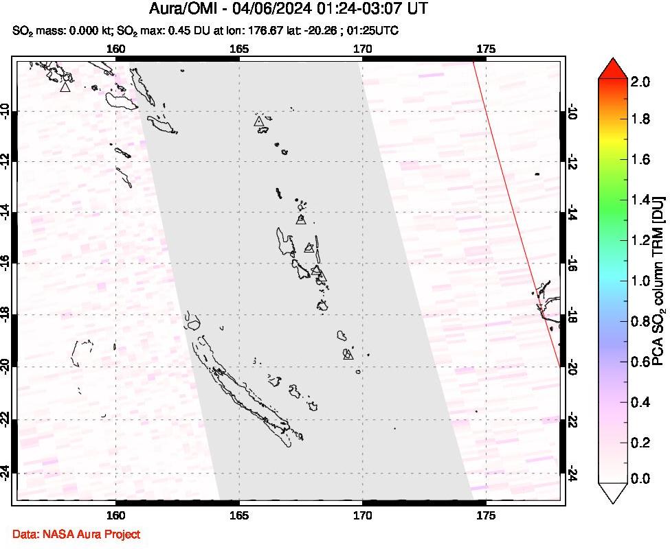 A sulfur dioxide image over Vanuatu, South Pacific on Apr 06, 2024.