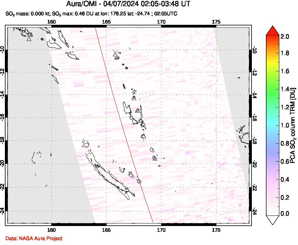 A sulfur dioxide image over Vanuatu, South Pacific on Apr 07, 2024.