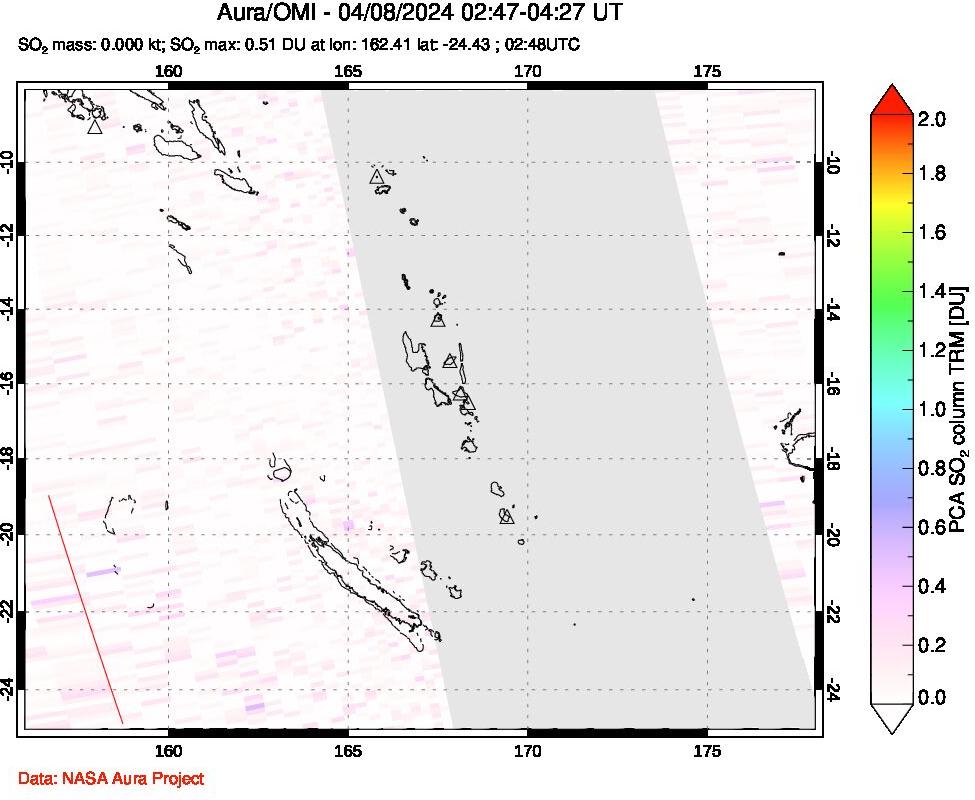 A sulfur dioxide image over Vanuatu, South Pacific on Apr 08, 2024.