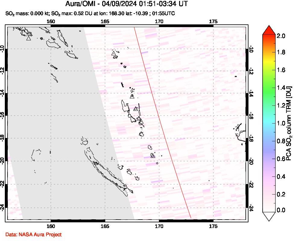 A sulfur dioxide image over Vanuatu, South Pacific on Apr 09, 2024.