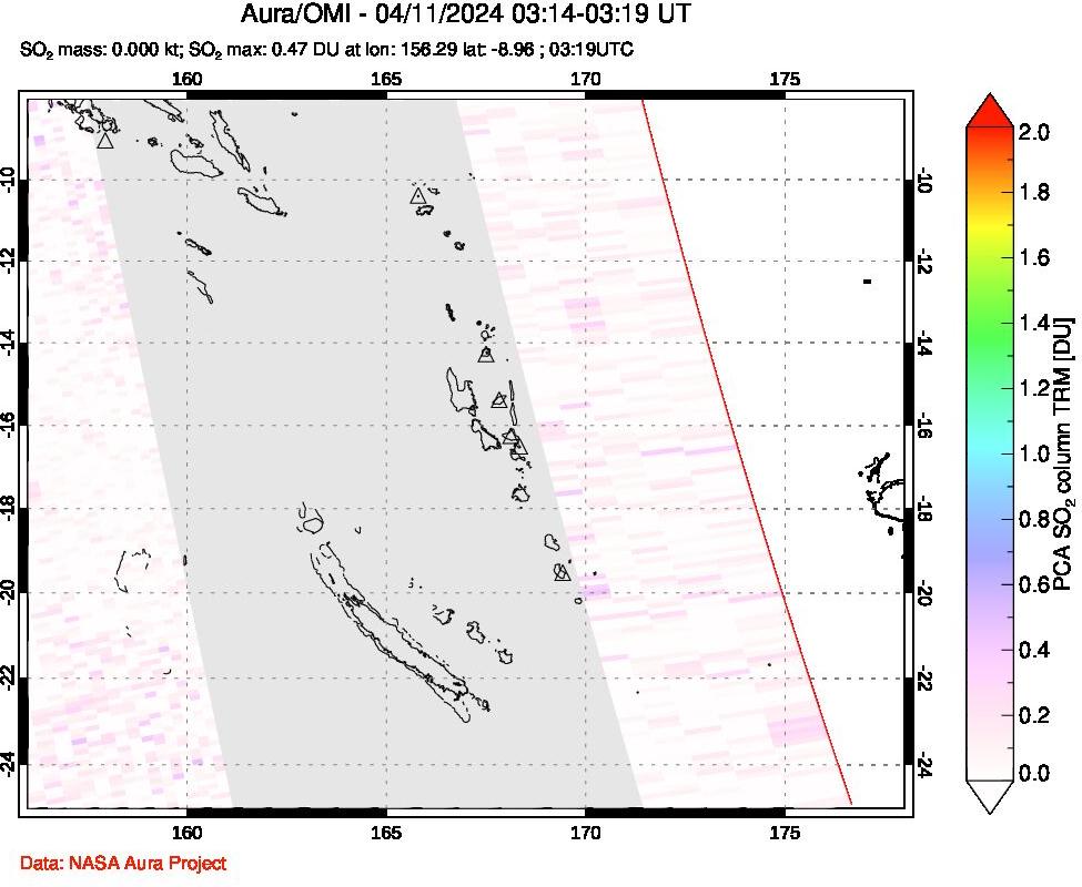 A sulfur dioxide image over Vanuatu, South Pacific on Apr 11, 2024.