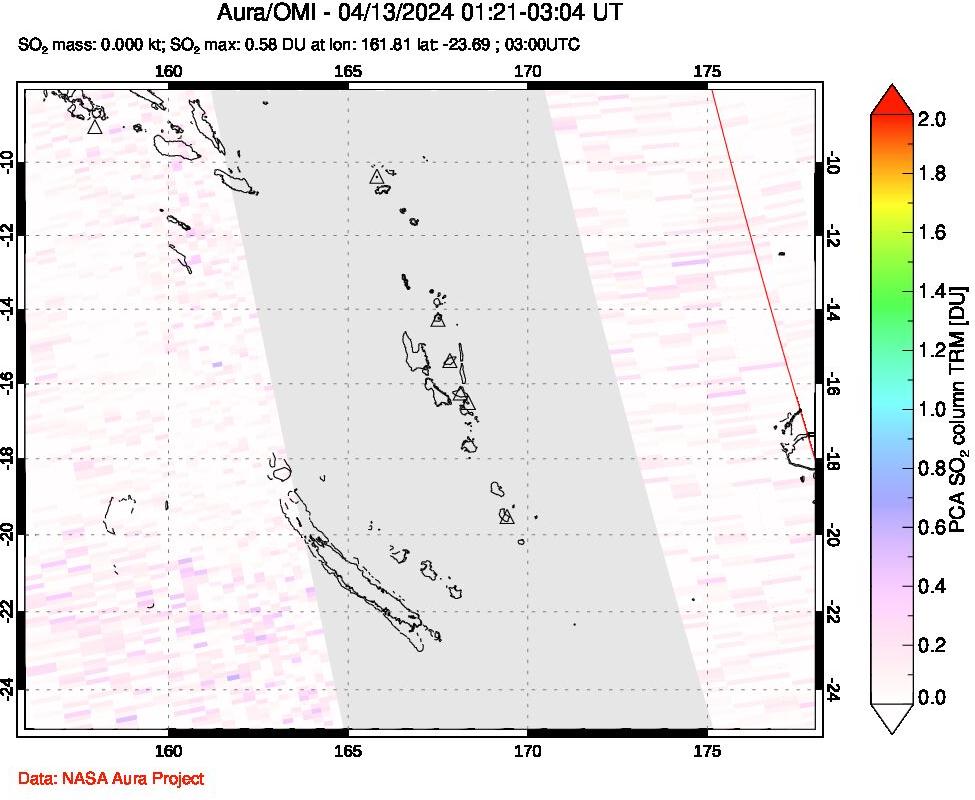 A sulfur dioxide image over Vanuatu, South Pacific on Apr 13, 2024.