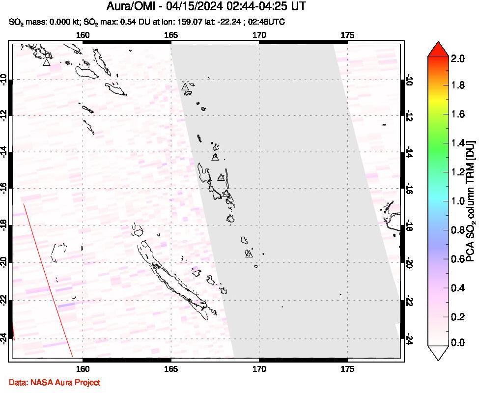 A sulfur dioxide image over Vanuatu, South Pacific on Apr 15, 2024.