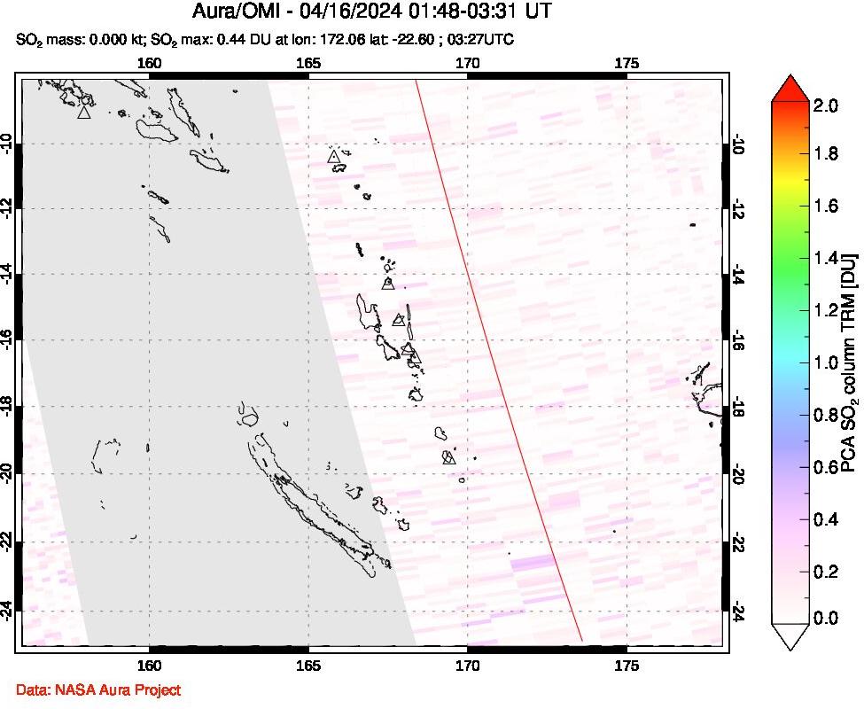 A sulfur dioxide image over Vanuatu, South Pacific on Apr 16, 2024.