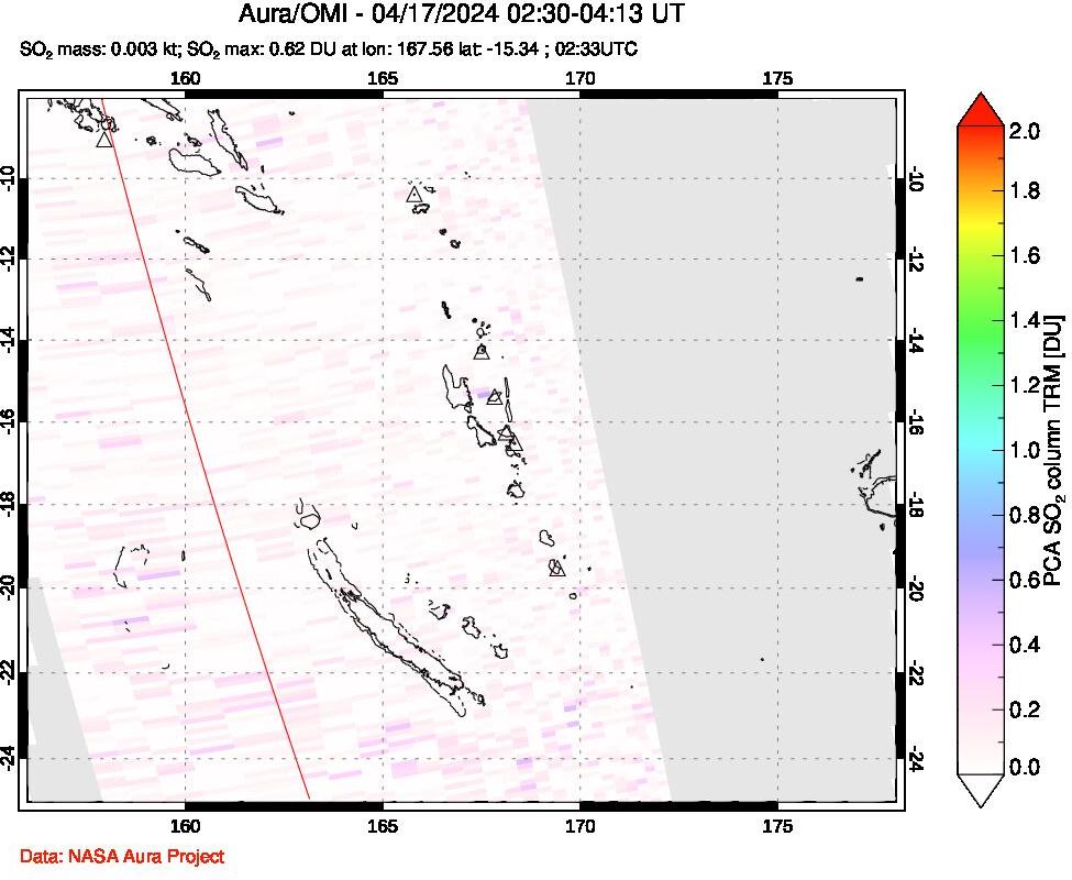 A sulfur dioxide image over Vanuatu, South Pacific on Apr 17, 2024.