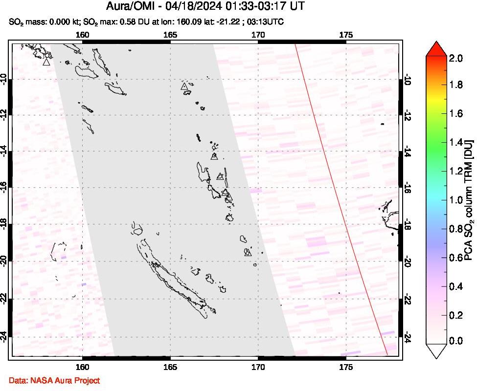 A sulfur dioxide image over Vanuatu, South Pacific on Apr 18, 2024.