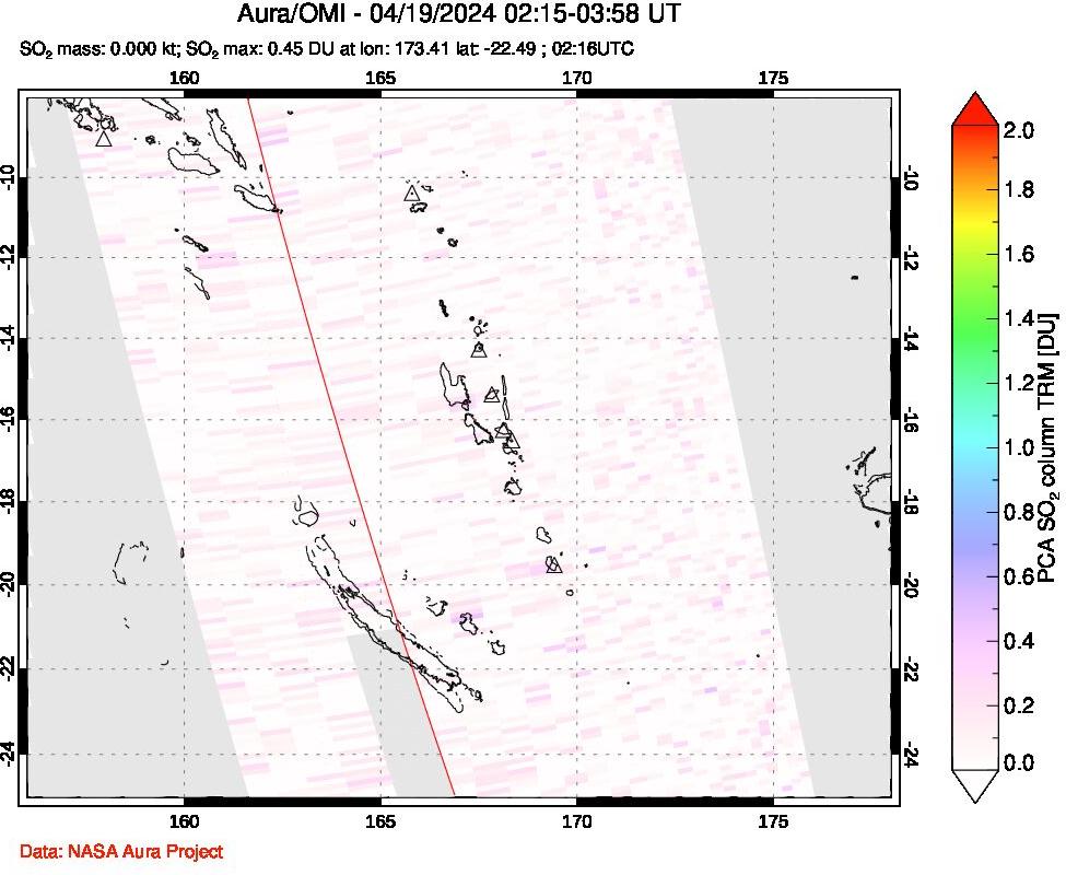 A sulfur dioxide image over Vanuatu, South Pacific on Apr 19, 2024.