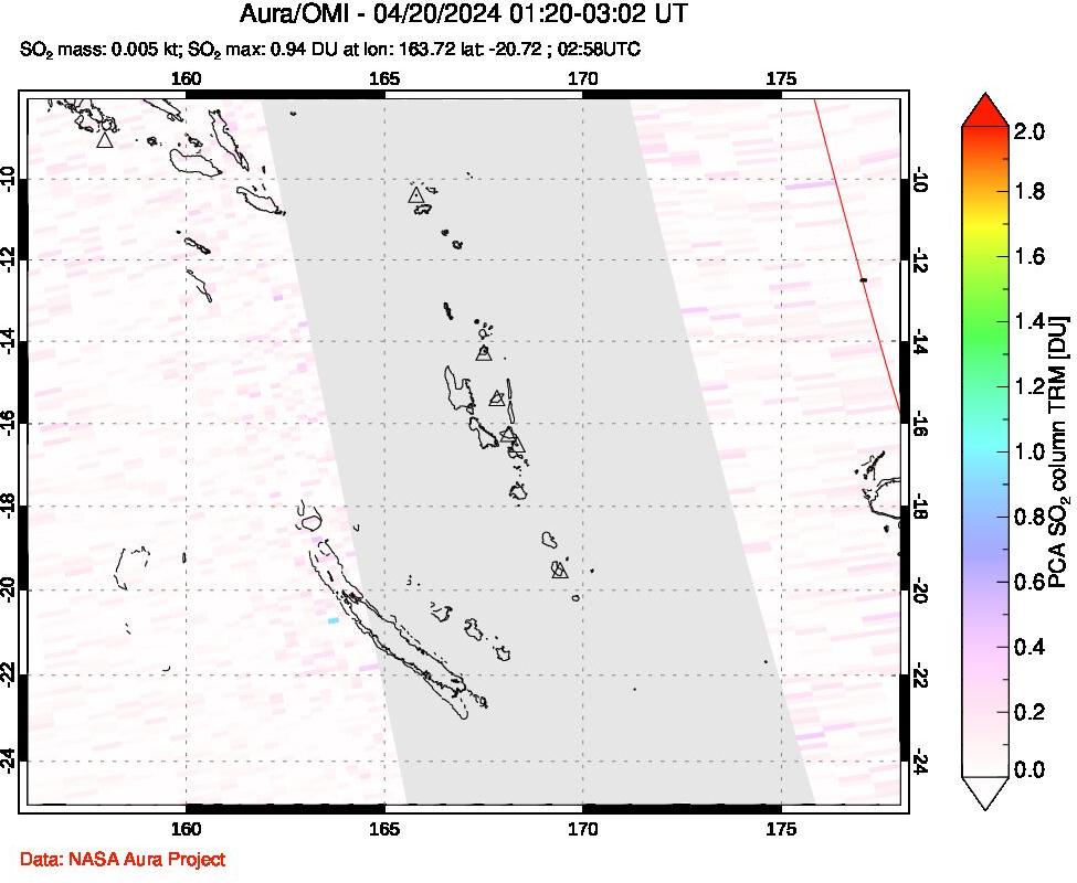 A sulfur dioxide image over Vanuatu, South Pacific on Apr 20, 2024.