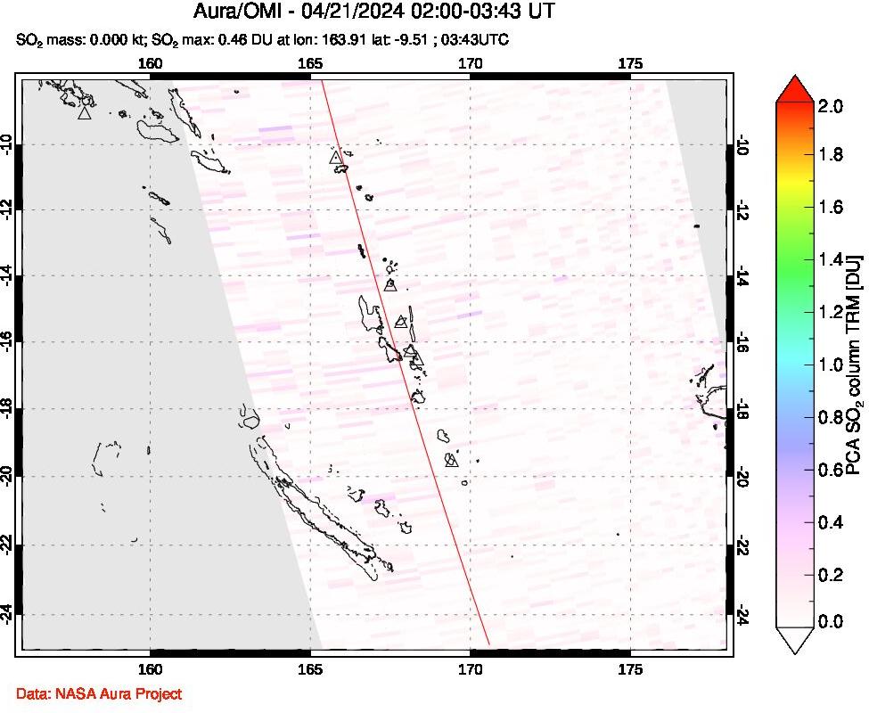 A sulfur dioxide image over Vanuatu, South Pacific on Apr 21, 2024.