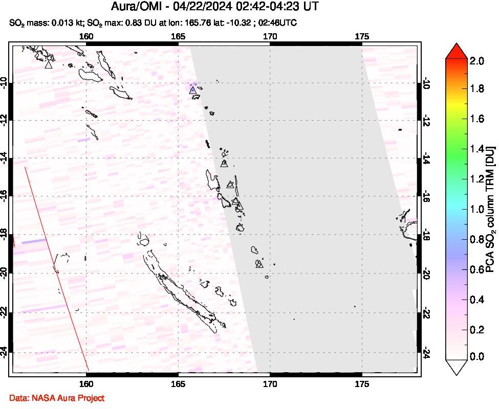 A sulfur dioxide image over Vanuatu, South Pacific on Apr 22, 2024.