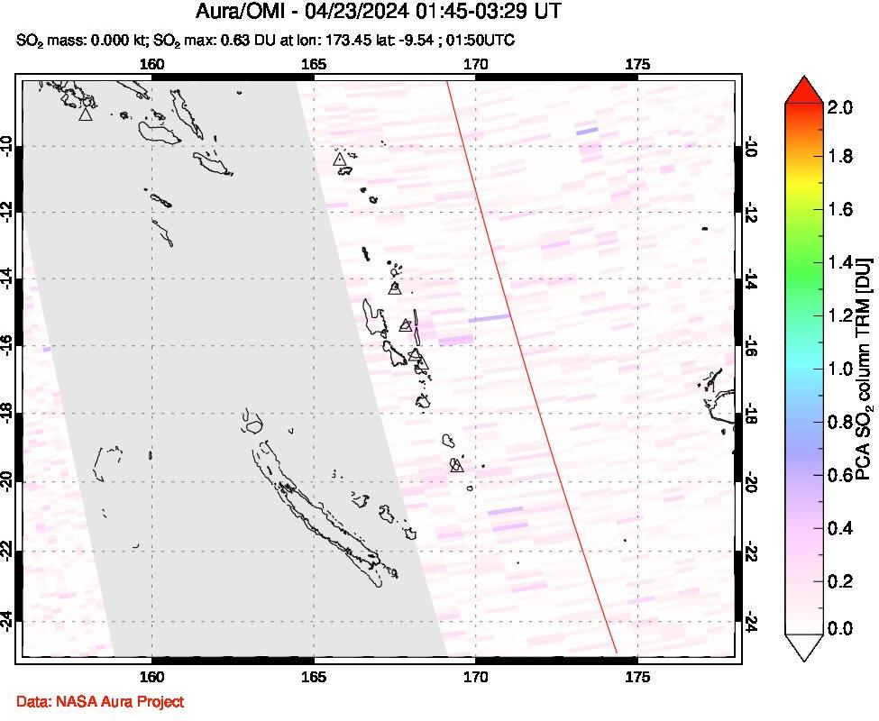 A sulfur dioxide image over Vanuatu, South Pacific on Apr 23, 2024.