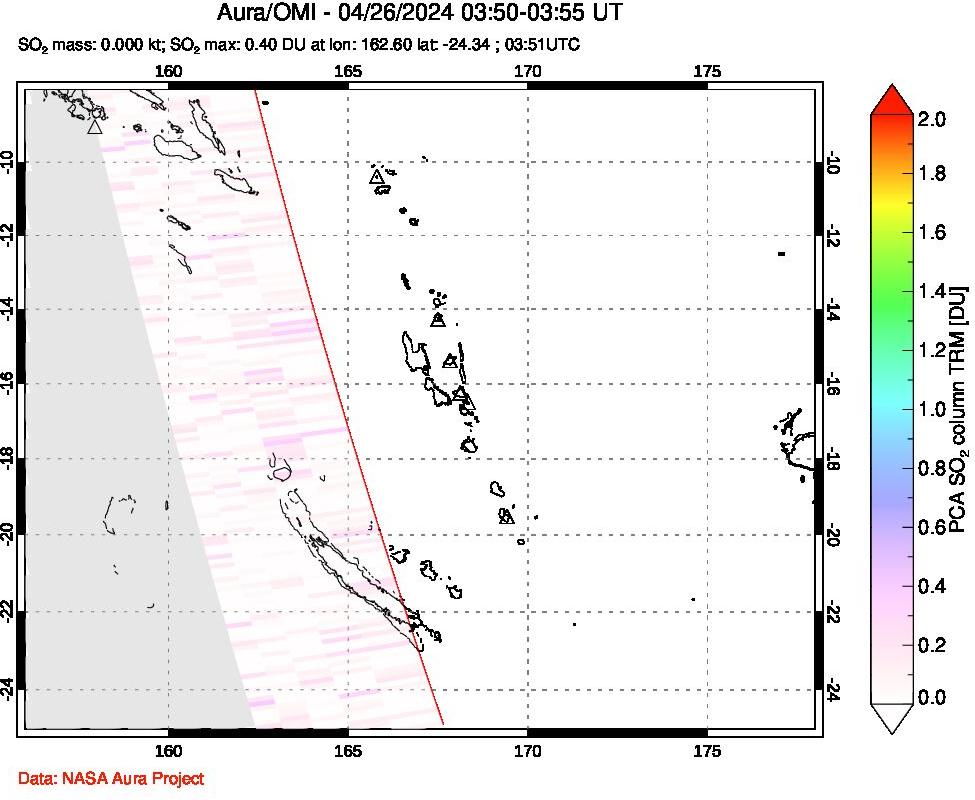 A sulfur dioxide image over Vanuatu, South Pacific on Apr 26, 2024.