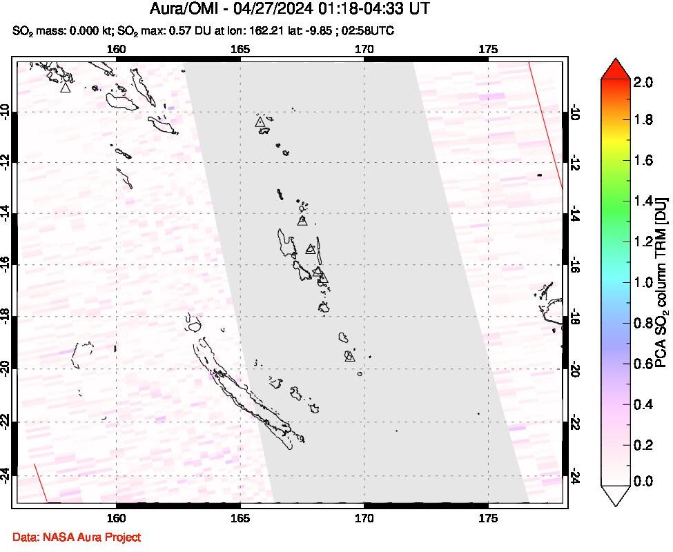 A sulfur dioxide image over Vanuatu, South Pacific on Apr 27, 2024.