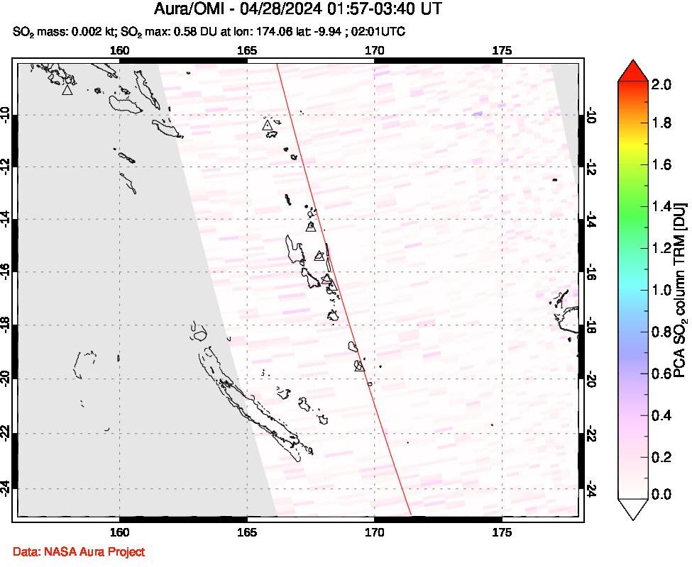 A sulfur dioxide image over Vanuatu, South Pacific on Apr 28, 2024.