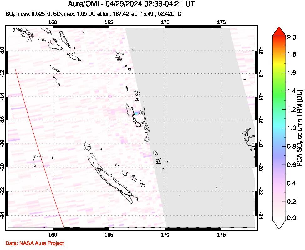 A sulfur dioxide image over Vanuatu, South Pacific on Apr 29, 2024.