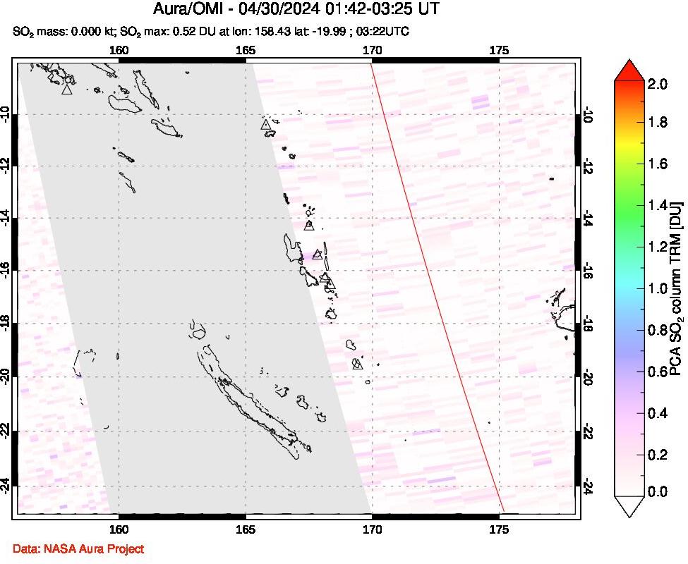 A sulfur dioxide image over Vanuatu, South Pacific on Apr 30, 2024.