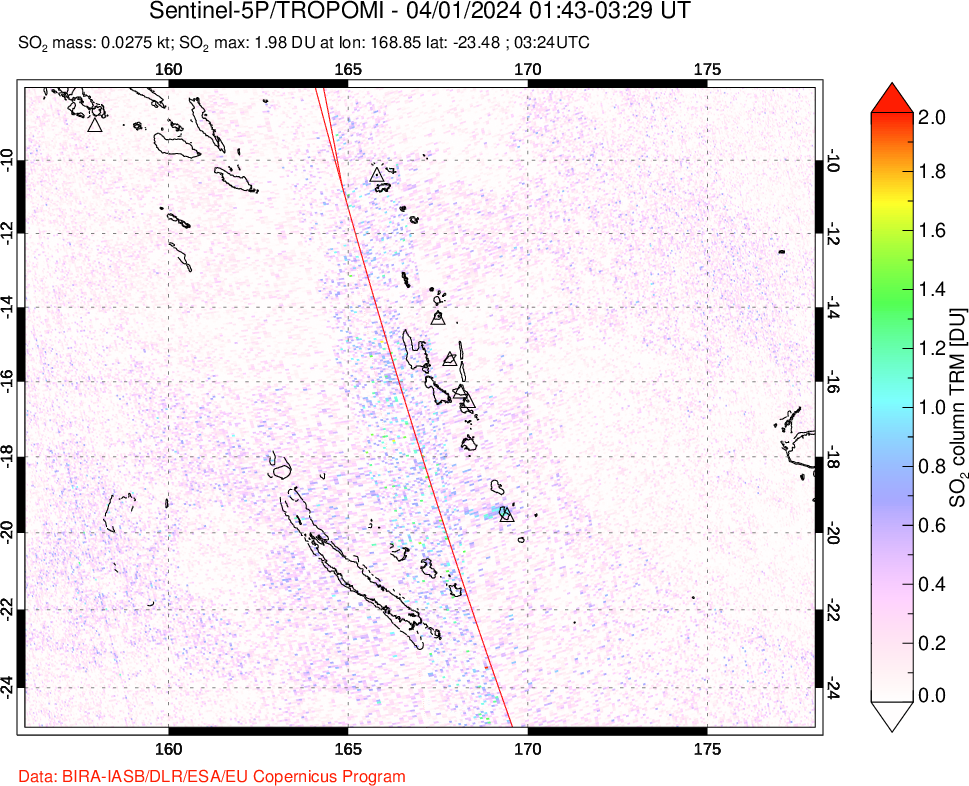 A sulfur dioxide image over Vanuatu, South Pacific on Apr 01, 2024.