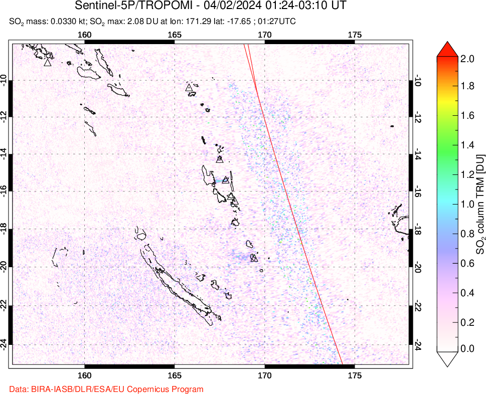 A sulfur dioxide image over Vanuatu, South Pacific on Apr 02, 2024.