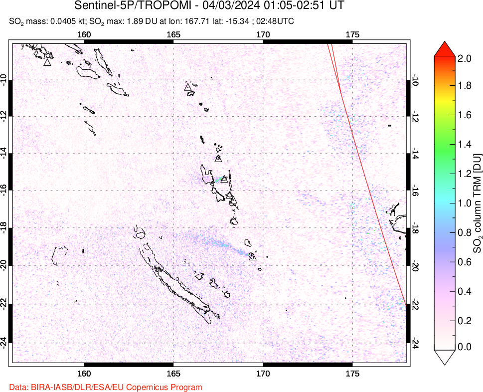 A sulfur dioxide image over Vanuatu, South Pacific on Apr 03, 2024.