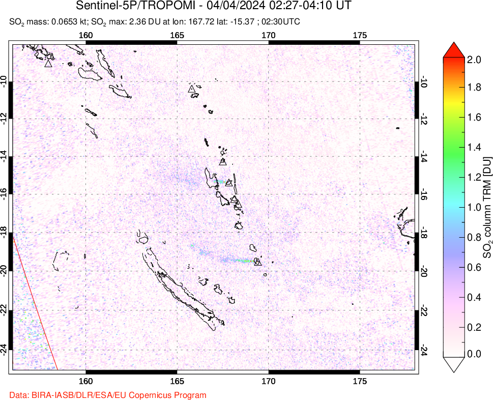 A sulfur dioxide image over Vanuatu, South Pacific on Apr 04, 2024.