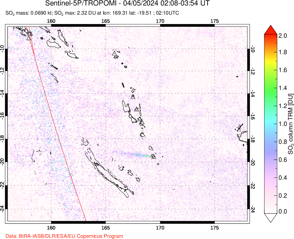 A sulfur dioxide image over Vanuatu, South Pacific on Apr 05, 2024.