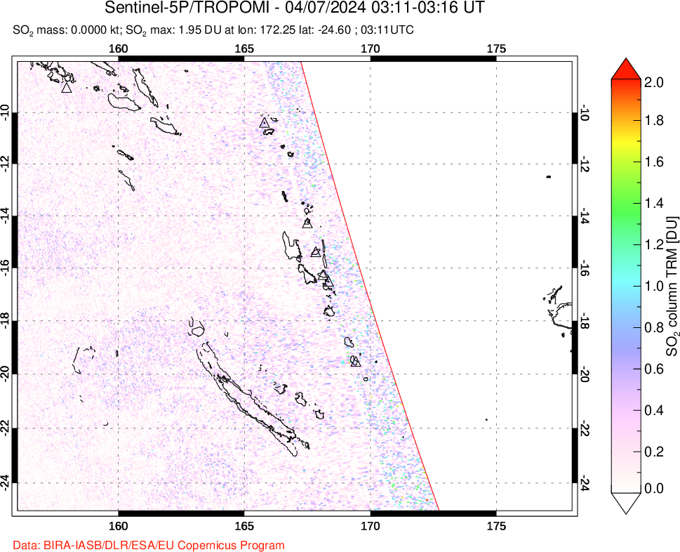 A sulfur dioxide image over Vanuatu, South Pacific on Apr 07, 2024.