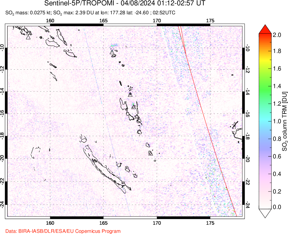 A sulfur dioxide image over Vanuatu, South Pacific on Apr 08, 2024.