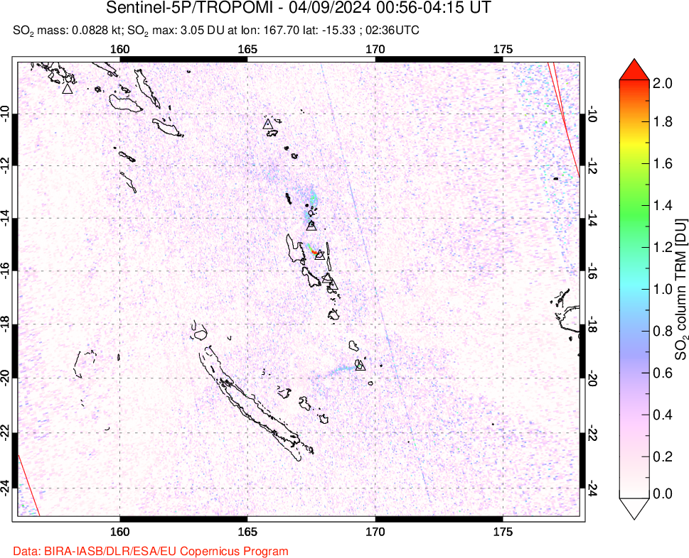 A sulfur dioxide image over Vanuatu, South Pacific on Apr 09, 2024.