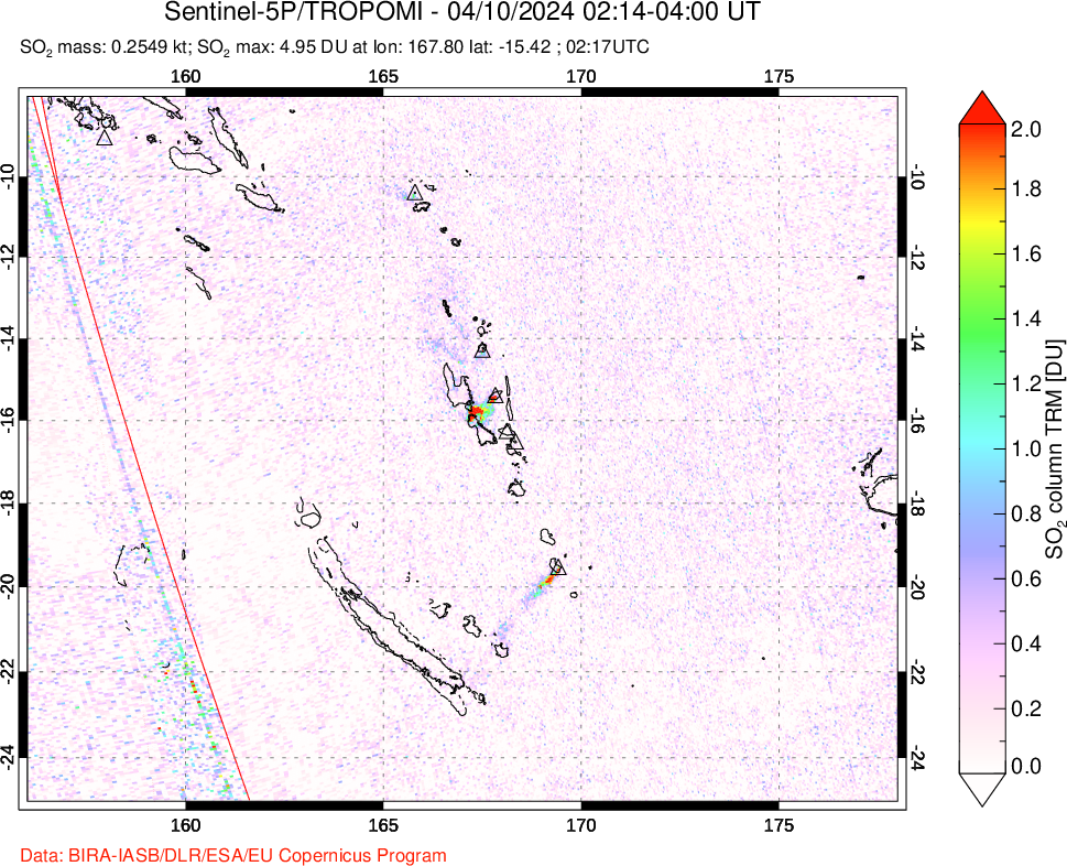 A sulfur dioxide image over Vanuatu, South Pacific on Apr 10, 2024.